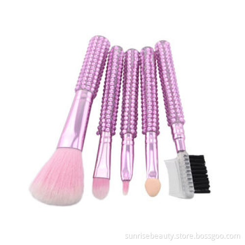 5-piece Wholesale New Style Mini Travel Makeup Cosmetic Brush Kit with Lovely Diamond Plastic Handle